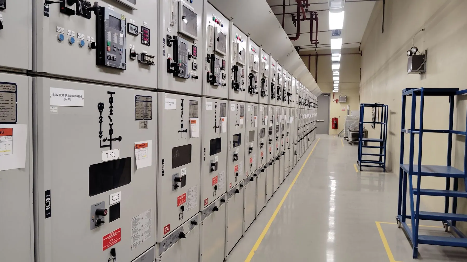 Row of switchgear and control panels in an industrial electrical room