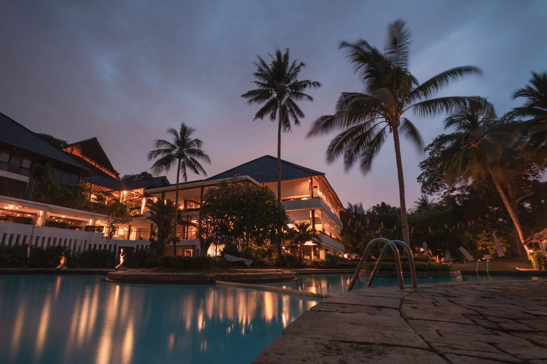 Resort exterior lit at dusk